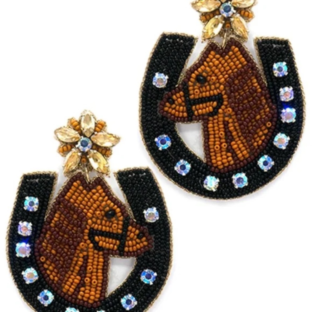 Beaded Horse & Horseshoe Statement Earrings NWT STOCKING STUFFER